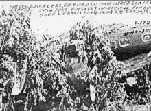 The B-17 of Capt. Wheless is camouflaged with branches while waiting for aircraft mechanics to salvage some usable parts