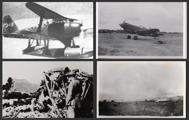 Clockwise: (1) A Japanese “Pete”.  The Mitsubishi F1M2 is a two seater Bi-plane manned by a pilot and a rear gunner.  It is a multi-role aircraft that is used by the Japanese as an observation plane, bomber, and fighter.  (2) The last functioning P-40 on that day was used by Lt. Brownewell  to shoot down one of the four “Pete”.  It was refueled and armed when Lt. Burns took off, only to crash upon take off killing Lt. Burns.  (3) The Del monte Airfield with 2 transport planes.  (4) American soldier checking out the wreckage of the Japanese plane that was shot down by Lt. Brownewell over Dalirig.