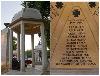 "Memorial Gates", Constitution Hill, London/ Inscription of Tul Bahadur Pun VC's name on the "Memorial Gates" at Constitution Hill, London   In addition, as a winner of the Victoria Cross, his name is inscribed on memorials at Westminster Abbey and the Union Jack Club, in London, and on the “Memorial to the Chindits” on the north side of the Victoria Embankment next to the Ministry of Defence headquarters in London.